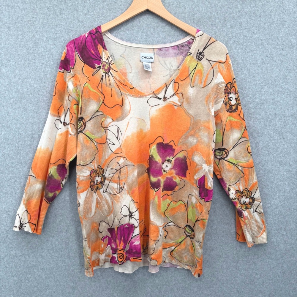 Chico's Silk Blend Floral V-Neck Sweater Women Size‎ Large (2) Artsy Casual